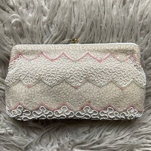 Strawbridge & Clothier Vintage Ivory White Silk Beaded Evening Clutch Mirror Bag